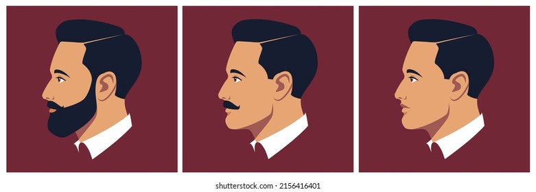 Head of bearded, moustached and shaved man in profile. Portrait of bearded brunet man. Abstract male portrait, face side view. Stock vector illustration in flat style