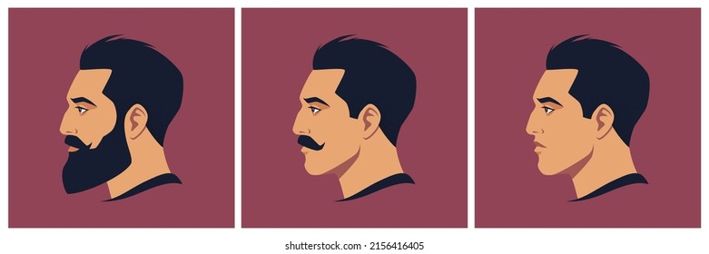 Head of bearded, moustached and shaved  man in profile. Portrait of bearded brunet man. Abstract male portrait, face side view. Stock vector  illustration in flat style.