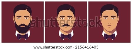 Head of bearded, moustached and shaved man with bow tie. Portrait of bearded brunet man. Abstract male portrait, full face. Stock vector illustration in flat style