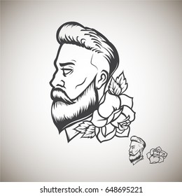 Head of bearded with mustache man with stylish haircut. 