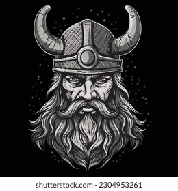Head of a bearded viking with a formidable face in a helmet with horns isolated on a black background