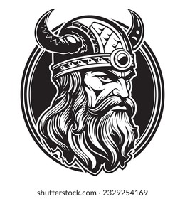 Head of a bearded viking with a formidable face in a helmet with horns isolated on a white background