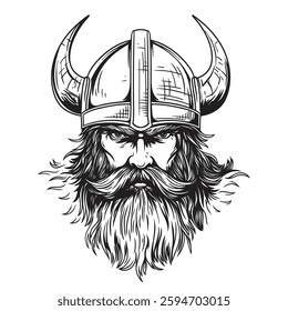 Head of a bearded viking with a formidable face in a helmet with horns isolated on a white background