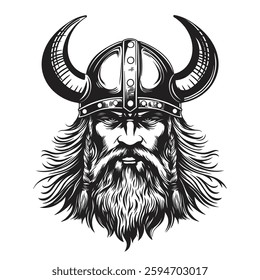 Head of a bearded viking with a formidable face in a helmet with horns isolated on a white background