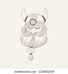 Head of bearded viking or Nordic warrior wearing horned helmet hand drawn with outlines on light background. Scandinavian folkloric legendary character, hero or god. Monochrome vector illustration