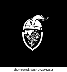 Head of bearded viking warrior with horned helmet