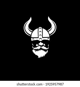 Head of bearded viking warrior with horned helmet.