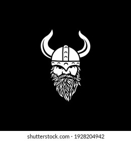 Head of bearded viking warrior with horned helmet