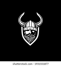 Head of bearded viking warrior with horned helmet