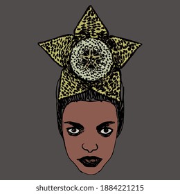Head of a beautiful African woman or goddess with stapelia flower as her crown. Creative concept.