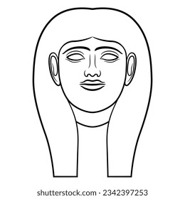 Head of a beautiful ancient Egyptian woman or goddess wearing a wig. Female ethnic mask. Black and white linear silhouette.