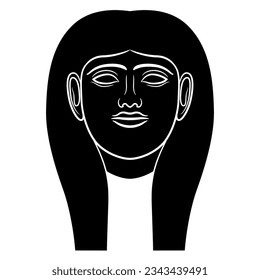 Head of a beautiful ancient Egyptian woman or goddess wearing a wig. Female ethnic mask. Black and white negative silhouette.