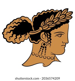 Head of a beautiful ancient Greek lady or goddess wearing laurel wreath. Vase painting style.