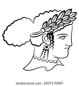 Head of a beautiful ancient Greek lady or goddess wearing laurel wreath. Vase painting style. Black and white linear silhouette.