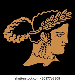 
Head of a beautiful ancient Greek lady or goddess wearing laurel wreath. Vase painting style. On black background.