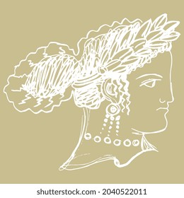 Head of a beautiful ancient Greek lady or goddess wearing laurel wreath. Vase painting style. Hand drawn linear doodle rough sketch. White silhouette on beige background.
