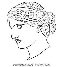 Head of a beautiful ancient Greek woman. Goddess Aphrodite or Venus. Classic female portrait. Black and white linear silhouette. 