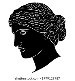 Head of a beautiful ancient Greek woman. Goddess Aphrodite or Venus. Classic female portrait. Black and white negative silhouette. 