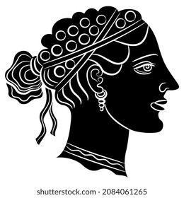 Head of a beautiful ancient Greek woman in profile. Female portrait. Black and white negative silhouette.