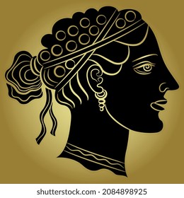 Head of a beautiful ancient Greek woman or goddess in profile. Female portrait. Black and gold negative silhouette.