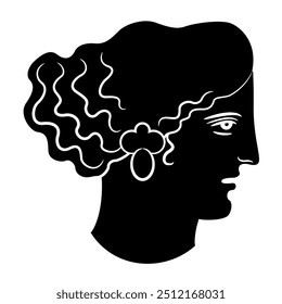 Head of a beautiful Ancient Greek woman or goddess. Portrait go antique lady in profile. Black and white silhouette.