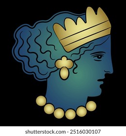 Cabeça de uma bela mulher ou deusa grega antiga. Vênus ou Afrodite. Helena de Troia. Retrato de senhora antiga usando diadema e colar. Ouro e azul sobre fundo preto.