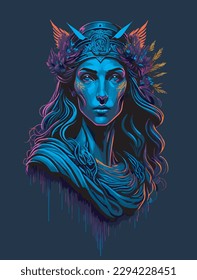 Head of a beautiful Athena greek 
 Goddess warrior. wearing crown and flowers and leafs. vector illustration