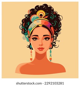 The head of a beautiful girl with curly dark hair and a stylish bandage on her head. Emotional facial expression long neck, swarthy or Latina for print design, banner, poster, flyer template