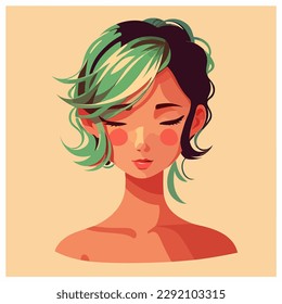 The head of a beautiful girl with short green dark hair. Emotional facial expression long neck, swarthy or Latina. Used for print design greeting card used for print design, banner, poster template