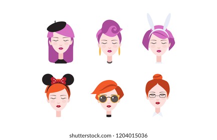 Head of beautiful girls with closed eyes set, different types of female hairstyles and headdresses vector Illustration on a white background