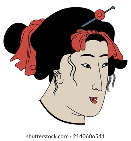Head of a beautiful Japanese woman or geisha. Traditional oriental style. Isolated vector illustration. Female face with red ribbon on white background.