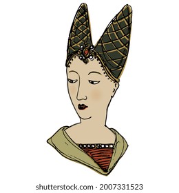 Head or a beautiful medieval lady in horned hat. Female portrait. Gothic style. Fairy princess. Hand drawn colorful sketch