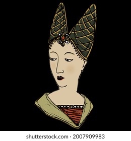 Head or a beautiful medieval lady in horned hat. Female portrait. Gothic style. Fairy princess. Hand drawn colorful sketch. On black background.