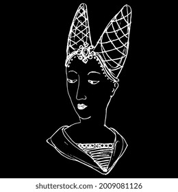 Head or a beautiful medieval lady in horned hat. Female portrait. Gothic style. Fairy princess. Hand drawn linear doodle rough sketch. White silhouette on black background.