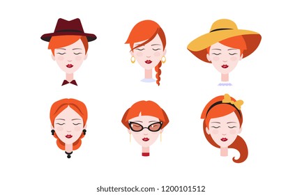 Head of beautiful redhead girl with closed eyes set, different types of female hairstyles and headdresses vector Illustration on a white background