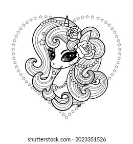 Head of a beautiful unicorn, hand drawn line illustration. For the design of coloring books, prints. posters. stickers, cards, tattoos, etc. etc. Vector