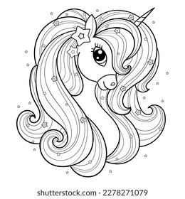 The head of a beautiful unicorn with a long mane. Black and white linear drawing. For the design of coloring books, prints, posters, tattoos, stickers, cards, puzzles and so on. Vector