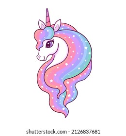 The head of a beautiful unicorn with a long rainbow mane. For children's design of prints, posters, stickers, cards, badges, tattoos and so on.Vector