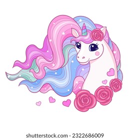 The head of a beautiful unicorn with a long rainbow mane and roses. Magic theme. For children's design of prints, posters, stickers. postcards, cards, puzzles, etc. Vector