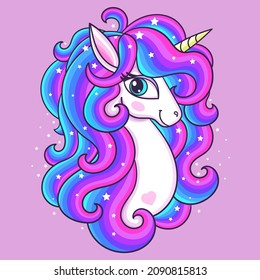 Head of a beautiful unicorn with a rainbow mane on a pink background. Cute mystical animal. For the design of prints, posters, stickers, postcards, postcards, etc. Vector illustration.