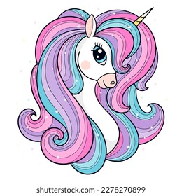 The head of a beautiful unicorn with a rainbow mane. For children's design of prints, posters, cards, stickers and so on. Vector