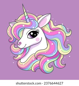 The head of a beautiful white unicorn with a rainbow mane. For children's design of prints, posters, cards, stickers, T-shirts, cups, etc. vector