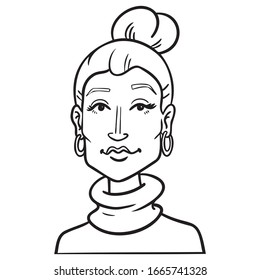 Head of a beautiful woman with a bun and turtleneck sweater and earrings.  Vector illustration, comic, avatar, monochrome.