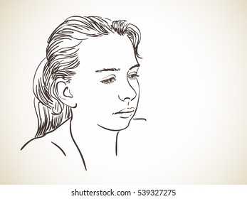 Head of beautiful young girl with sad eyes, Vector sketch Hand drawn illustration.