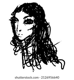 Head of a beautiful young woman with loose long disheveled hair. Female portrait. Hand drawn linear doodle rough sketch. Black silhouette on white background.