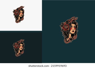 head beauty women and snake vector illustration flat design