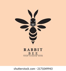 head bee with angry rabbit head, black silhouette image on young ping background isolated. Minimalist style, tattoos. Easter Bunny. animal logo