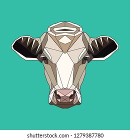Head of a beige cow on a turquoise background. Polygonal ornamental stylization. Vector illustration.