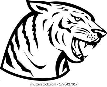 Head of Bengal Tiger Growling Side Woodcut Retro Black and White