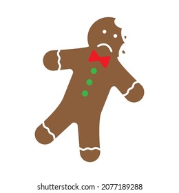 Head bite. Christmas gingerbread man icon. Cartoon design. Unhappy cookie. Happy time. Vector illustration. Stock image.